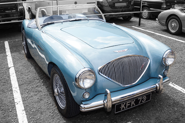 Blue Austin Healey 100 BN1 parked at A H Spares.