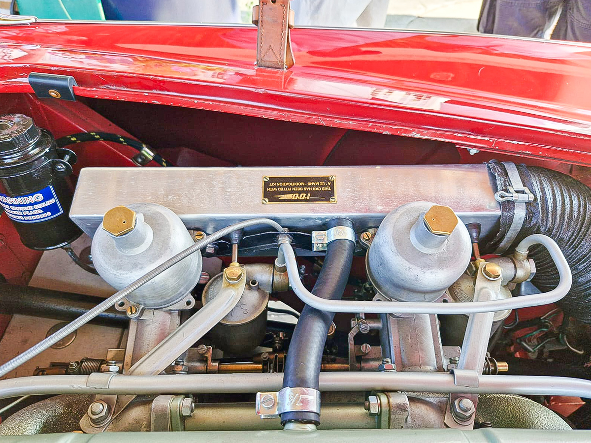 The engine bay in an Austin Healey 100/6 British sports car at Conclave 24