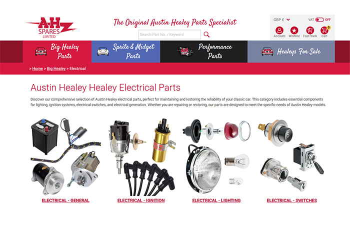 New A H Spares Product menu - Big Healey Electrical parts