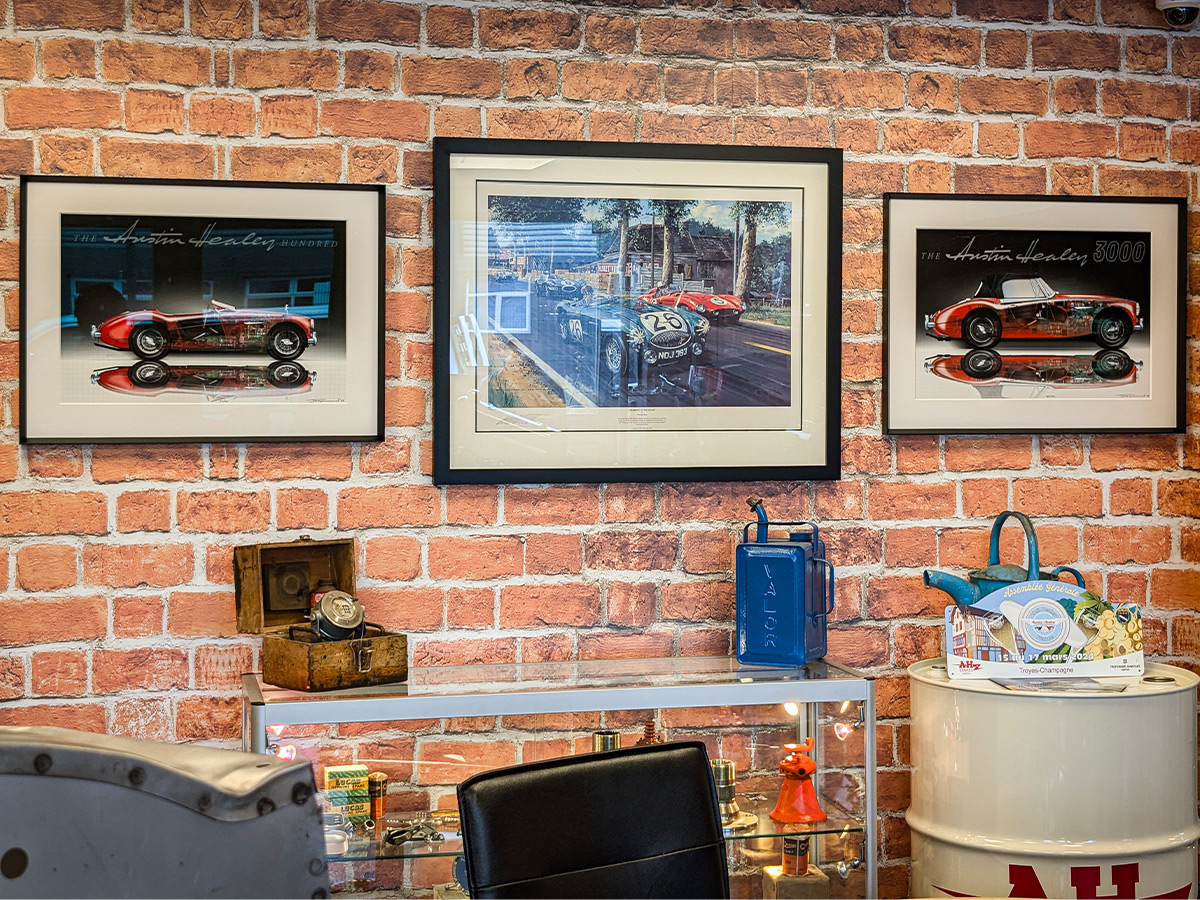 Two of David Townsend's prints showing Roger Moment's Original BN1 and Bob Hill's Austin Healey 3000