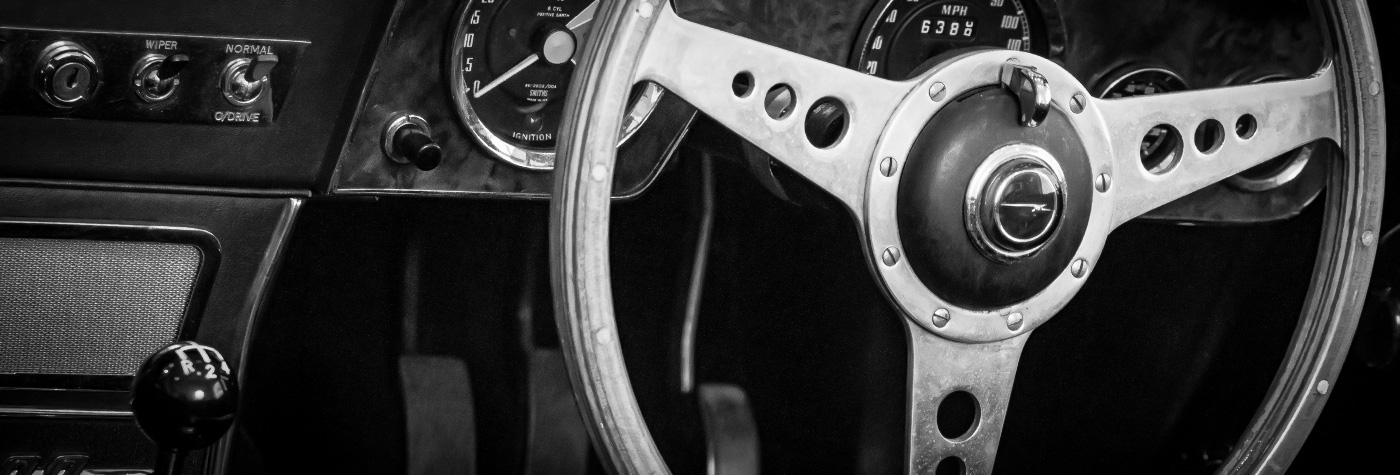 Black and white photo of the interior of an Austin Healey 3000