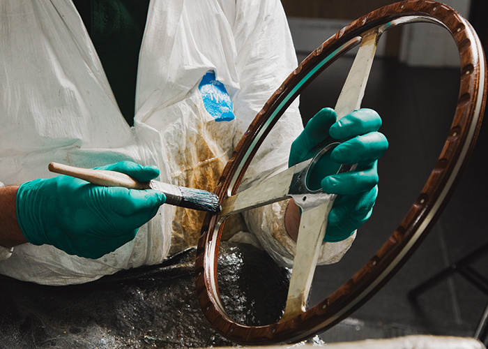 Moto-Lita steering wheel undergoing a hand-finished varnish