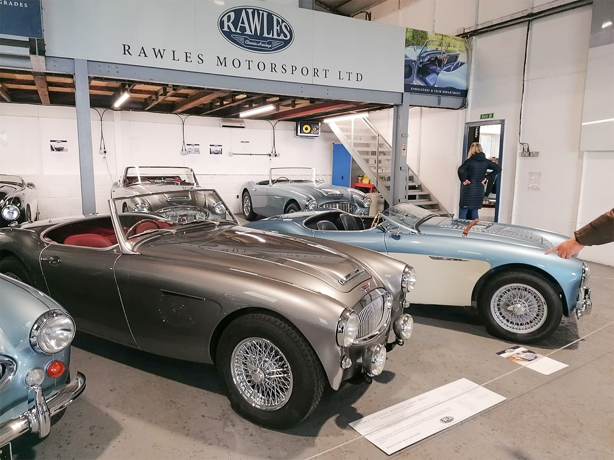 Austin Healeys in the Rawles Motorsport showroom